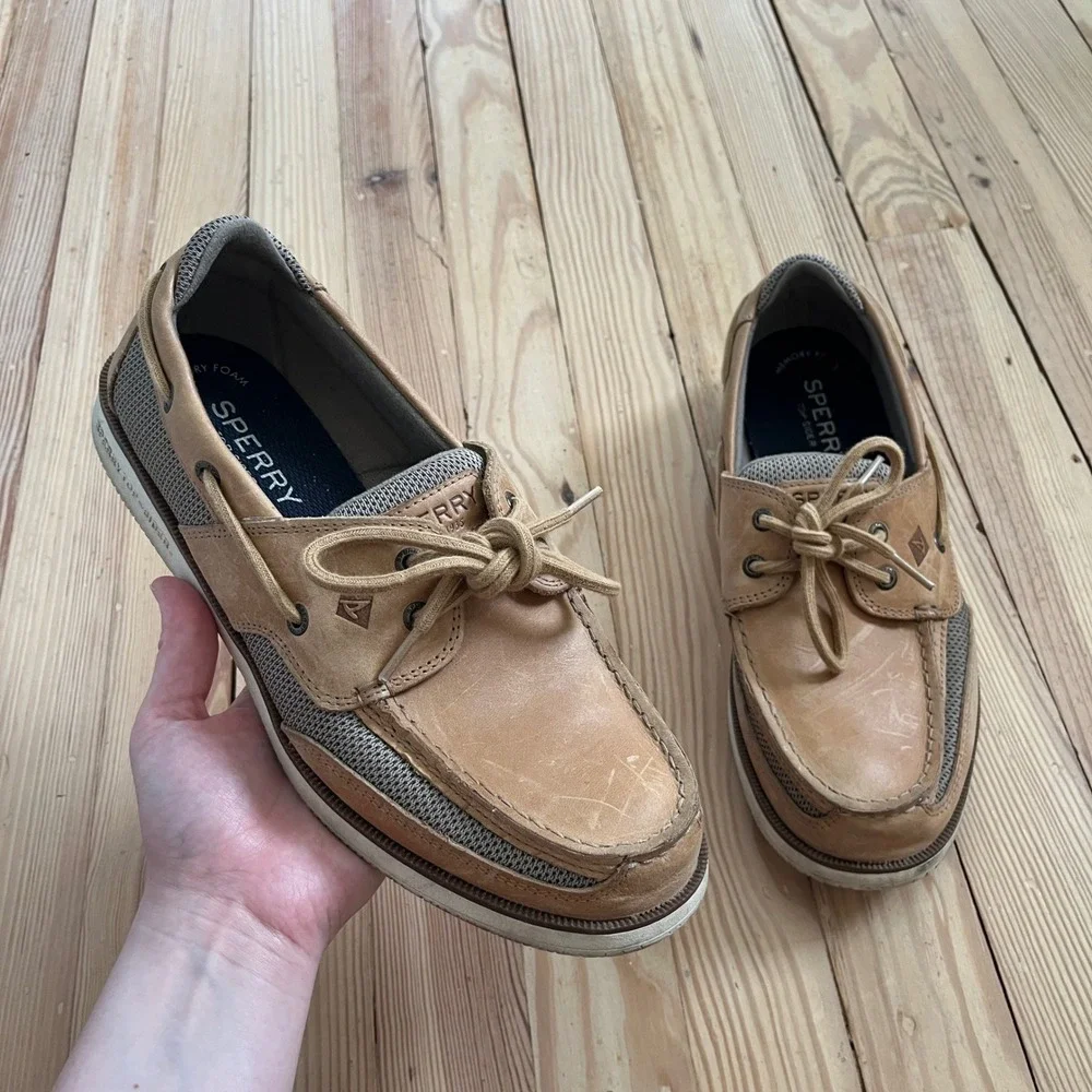 Sperry Top-Sider Mens Billfish Tan Leather Mesh Boat Shoes STS22066 Size 10 Wide